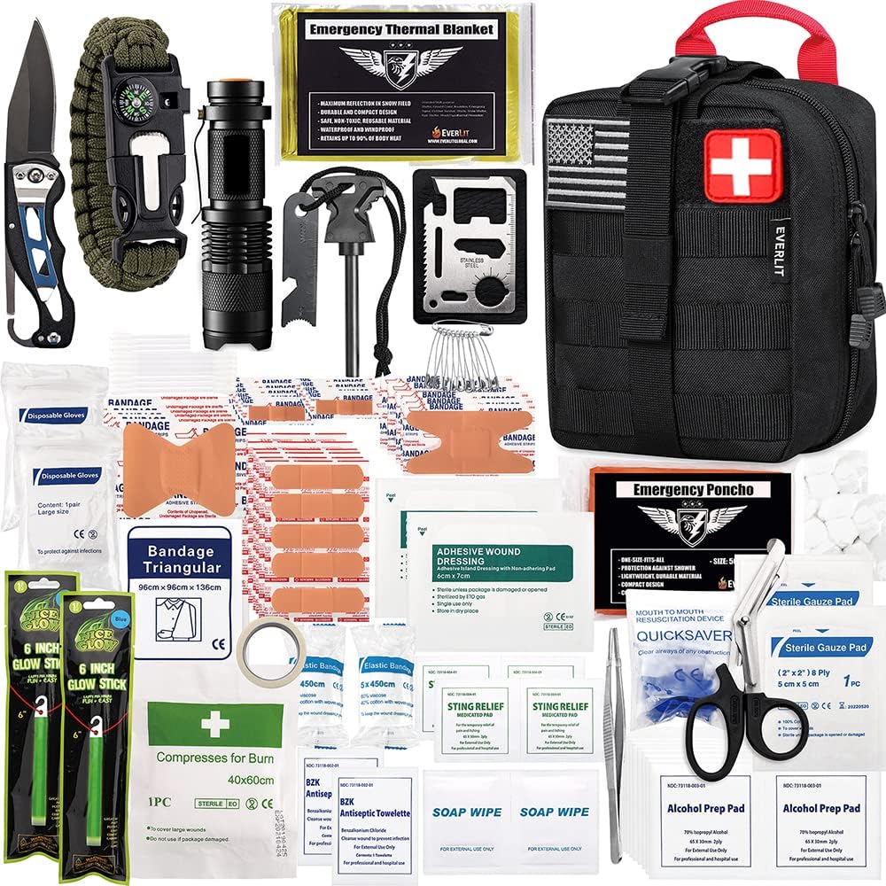 250 Pieces Survival First Aid Kit IFAK EMT Molle Pouch Survival Kit Outdoor Gear Emergency Kits Trauma Bag for Camping Boat Hunting Hiking Home Car Earthquake and Adventures