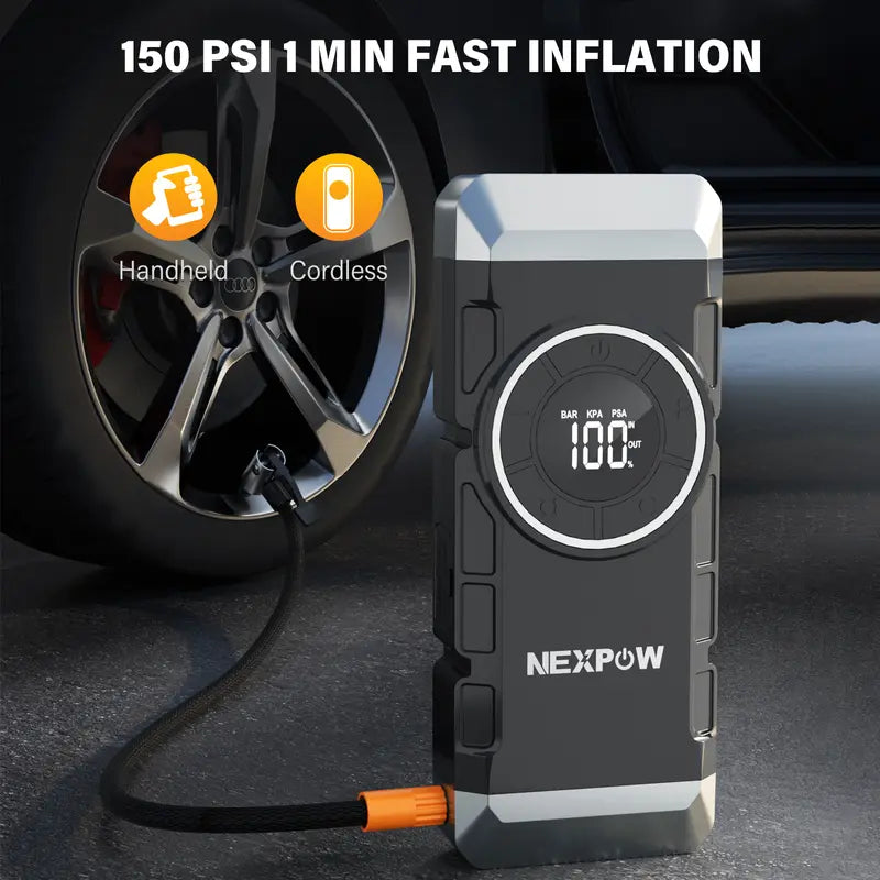 NEXPOW Car Battery Jump Starter 2000A Peak with Air Compressor,12V 150PSI Portable Jumpstart Box for up to 8L Gas 8L Diesel Engine, PD18W Quick Charging, Force Start Button